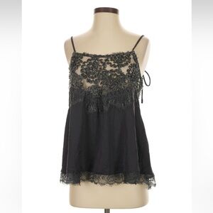 New: POL Black Floral Mesh Neckline Flowing Lace Tie Straps Tank Top• Small
